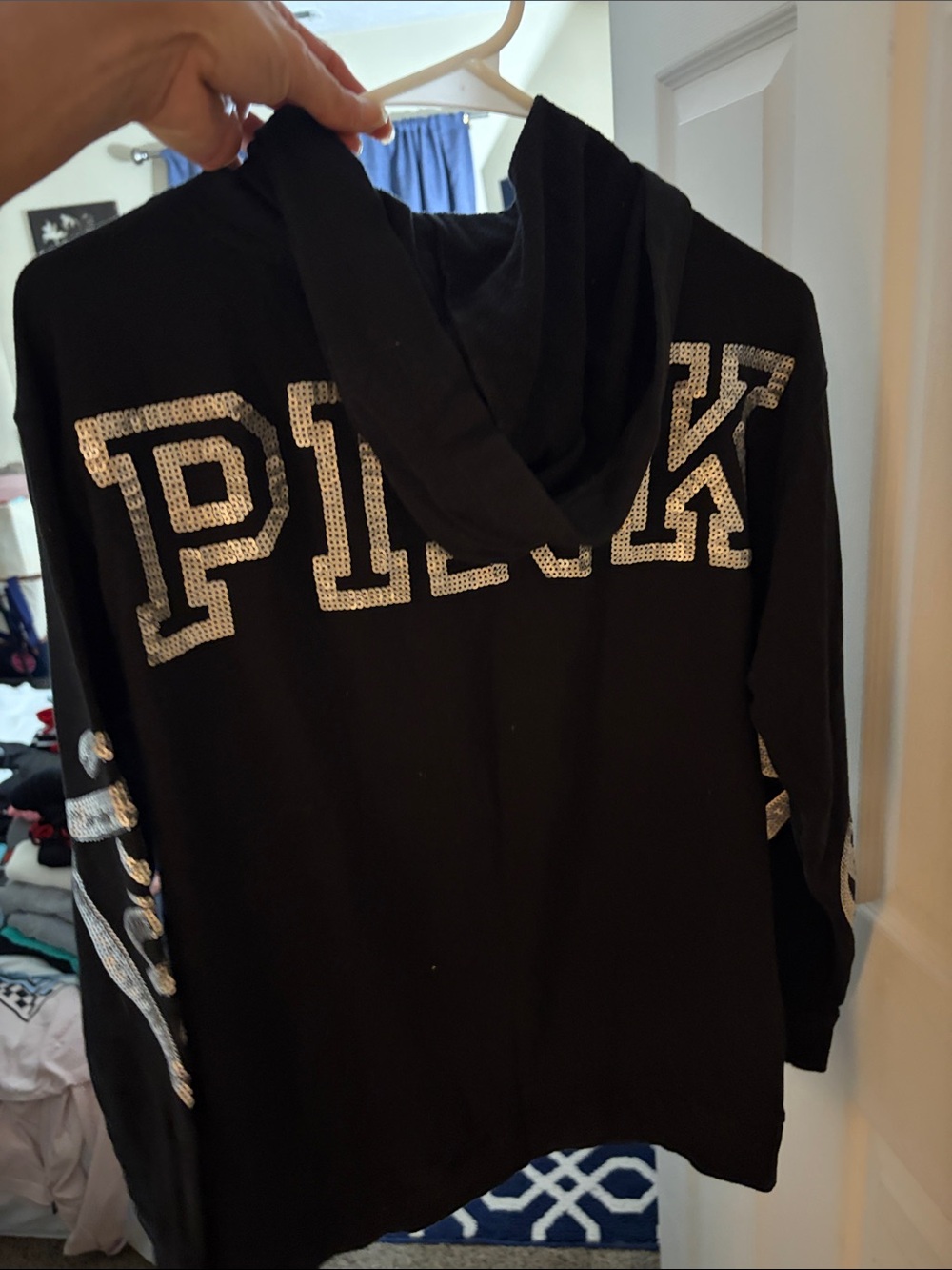 PINK Victoria's Secret thin Black Hooded Sweatshirt with Pocket Logo - Picture 3 of 4